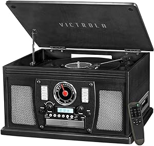 Amazon.com: Victrola 8-in-1 Bluetooth Record Player &amp; Multimedia Center, Built-in Stereo Speakers - Turntable, Wireless Music Streaming, Real Wood | Black, 1SFA : Electronics