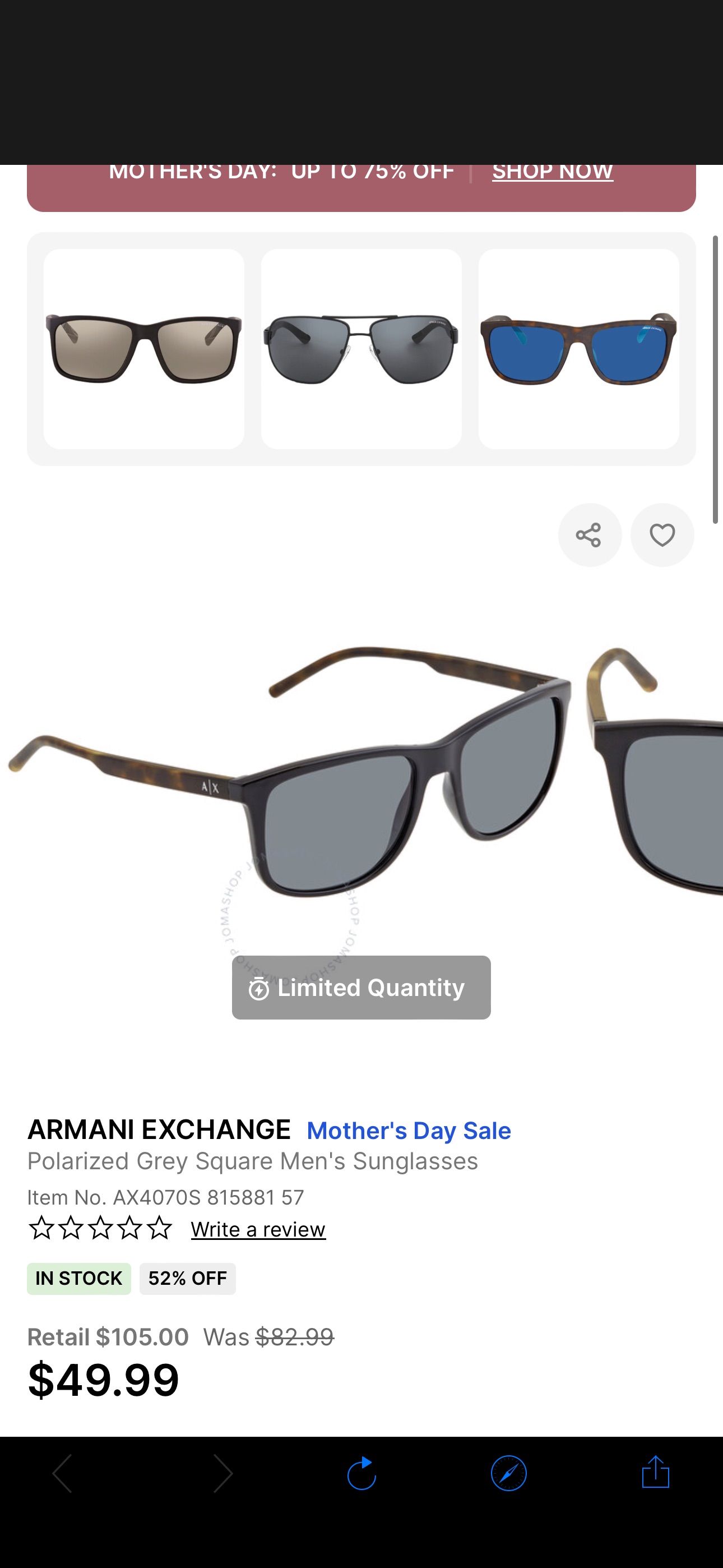 Armani Exchange Polarized Grey Square Men's Sunglasses AX4070S 815881 57 8053672802450 - Sunglasses - Jomashop