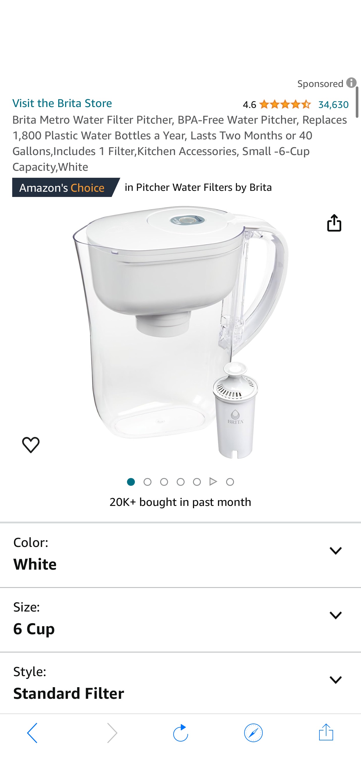 Amazon.com: Brita Metro Water Filter Pitcher, BPA-Free Water Pitcher, Replaces 1,800 Plastic Water Bottles a Year, Lasts Two Months or 40 Gallons,Includes 1 Filter,Kitchen Accessories, Small -6-Cup Ca