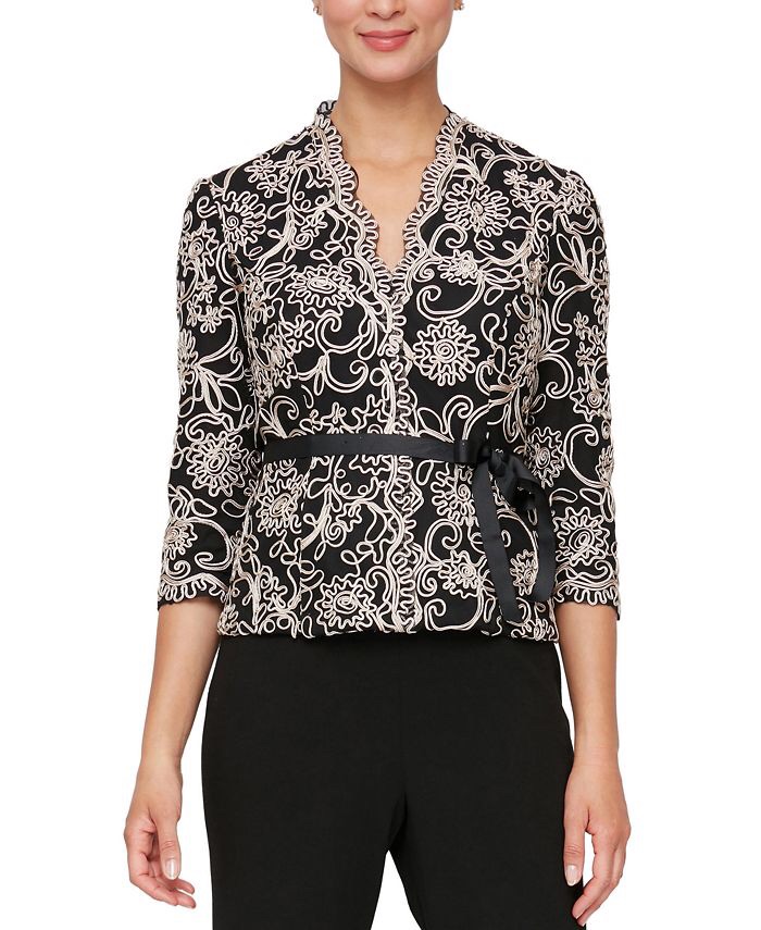 Alex Evenings Petite Floral-Embroidered 3/4-Sleeve Lace Top - Macy's