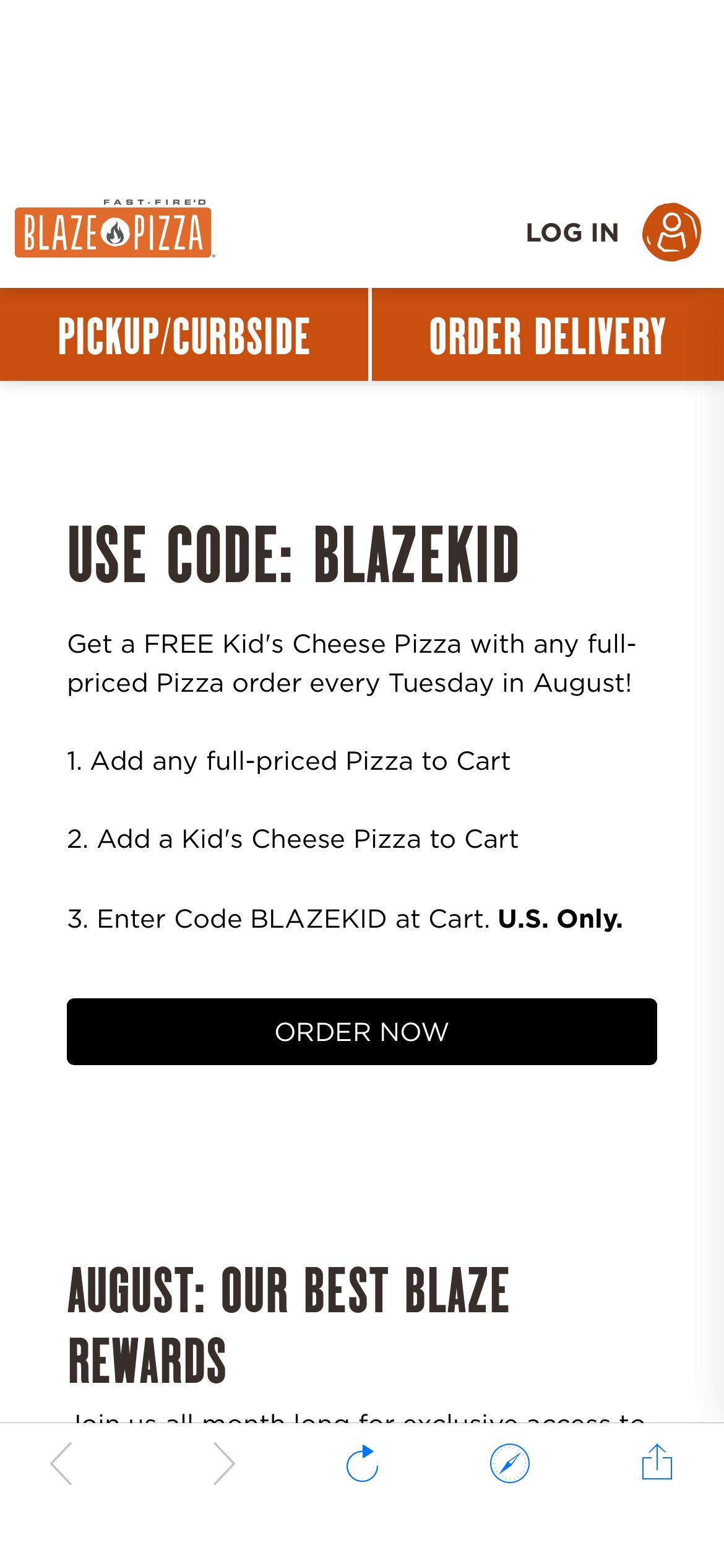 Blaze Pizza 买一送一 和 
儿童免费