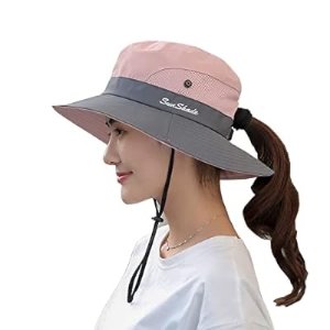 NPQQUAN Ponytail Sun Bucket Hat for Women Men Wide Brim UPF 50+ Fishing & Beach Hats