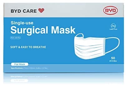 3-Ply Disposable Face Mask, One Size, Box of 50 - - Amazon.comBYD医用口罩