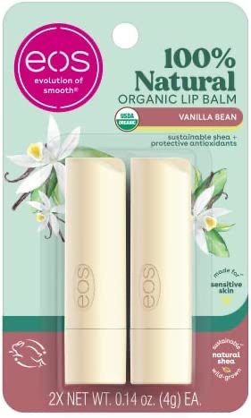 Amazon.com: eos 100% Natural & Organic Lip Balm Sticks- Vanilla Bean, All-Day Moisture, Dermatologist Recommended, 0.14 oz, 2-Pack