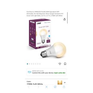 $6.94 Feit Electric OM60/927CA/AG 60W Equivalent WiFi Dimmable, No Hub Required, Alexa Google Assistant A19 Smart LED Light Bulb, 4.4 H x 2.3 D, 2700K Soft White - - Amazon.com