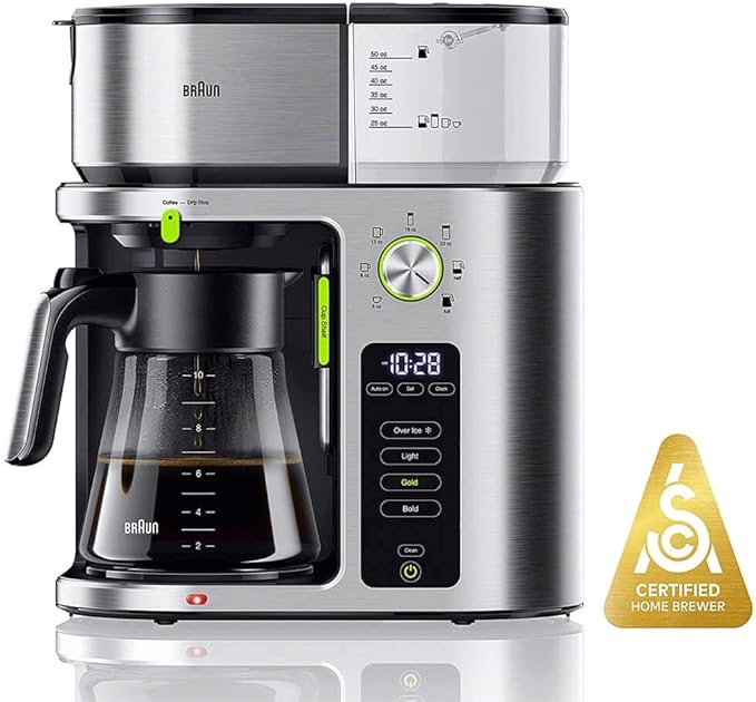 Amazon.com: 博朗 MultiServe 咖啡机 7 种可编程冲泡量/3 种浓度 + 冰咖啡和泡茶热水，玻璃咖啡壶（10 杯），不锈钢，银色