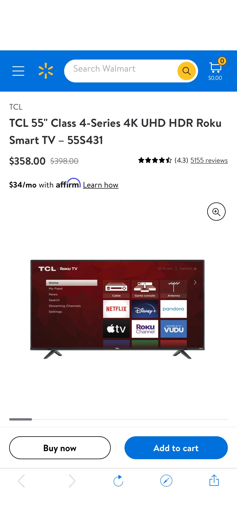 TCL 55" Class 4-Series 4K UHD HDR Roku Smart TV – 55S431 - Walmart.com电视机