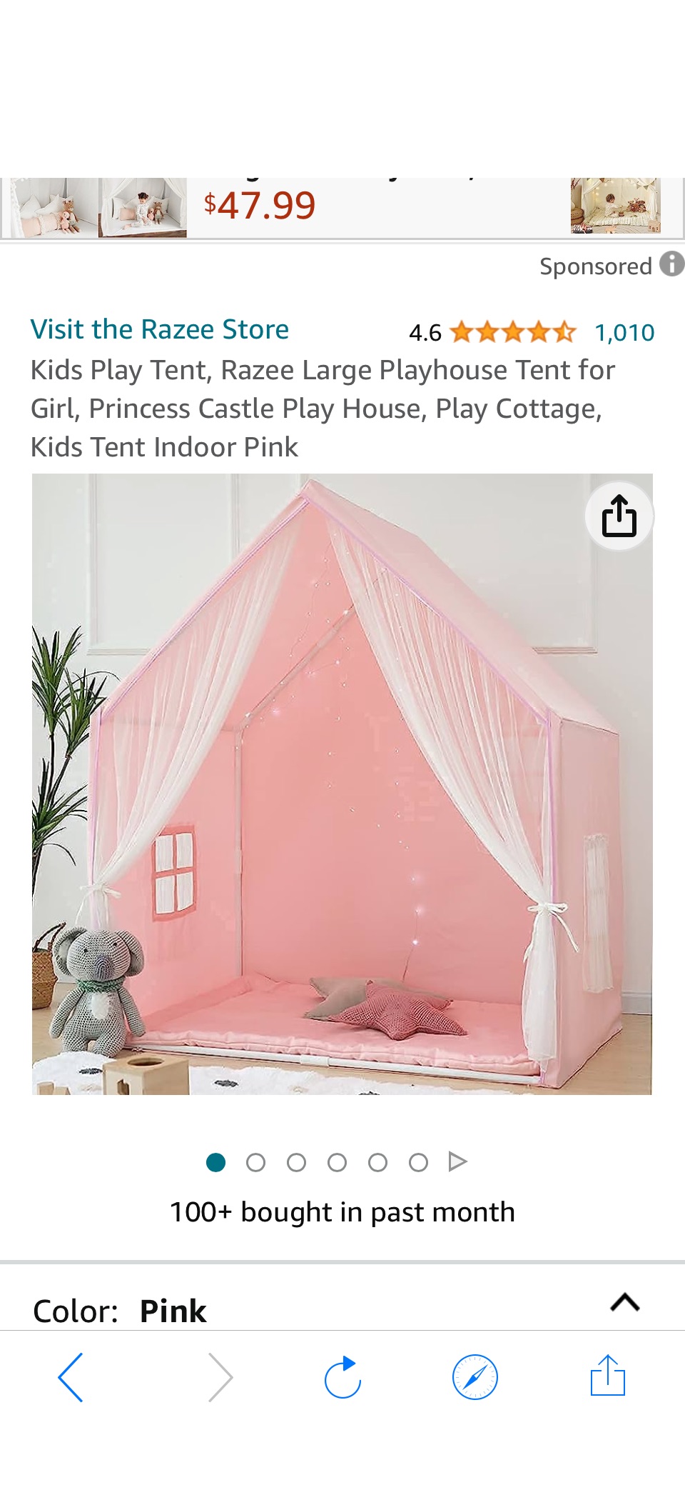Amazon.com: Kids Play Tent, Razee Large Playhouse Tent for Girl, Princess Castle Play House, Play Cottage, Kids Tent Indoor Pink : Toys & Games 原价99.99