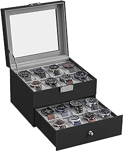 Amazon.com: SONGMICS 16-Slot Watch Box, Watch Case with Glass Lid, 2 Layers, Lockable Watch Display Case, Black Synthetic Leather, Greenish Gray Lining UJWB016G01 : Clothing, Shoes &amp; Jewelry