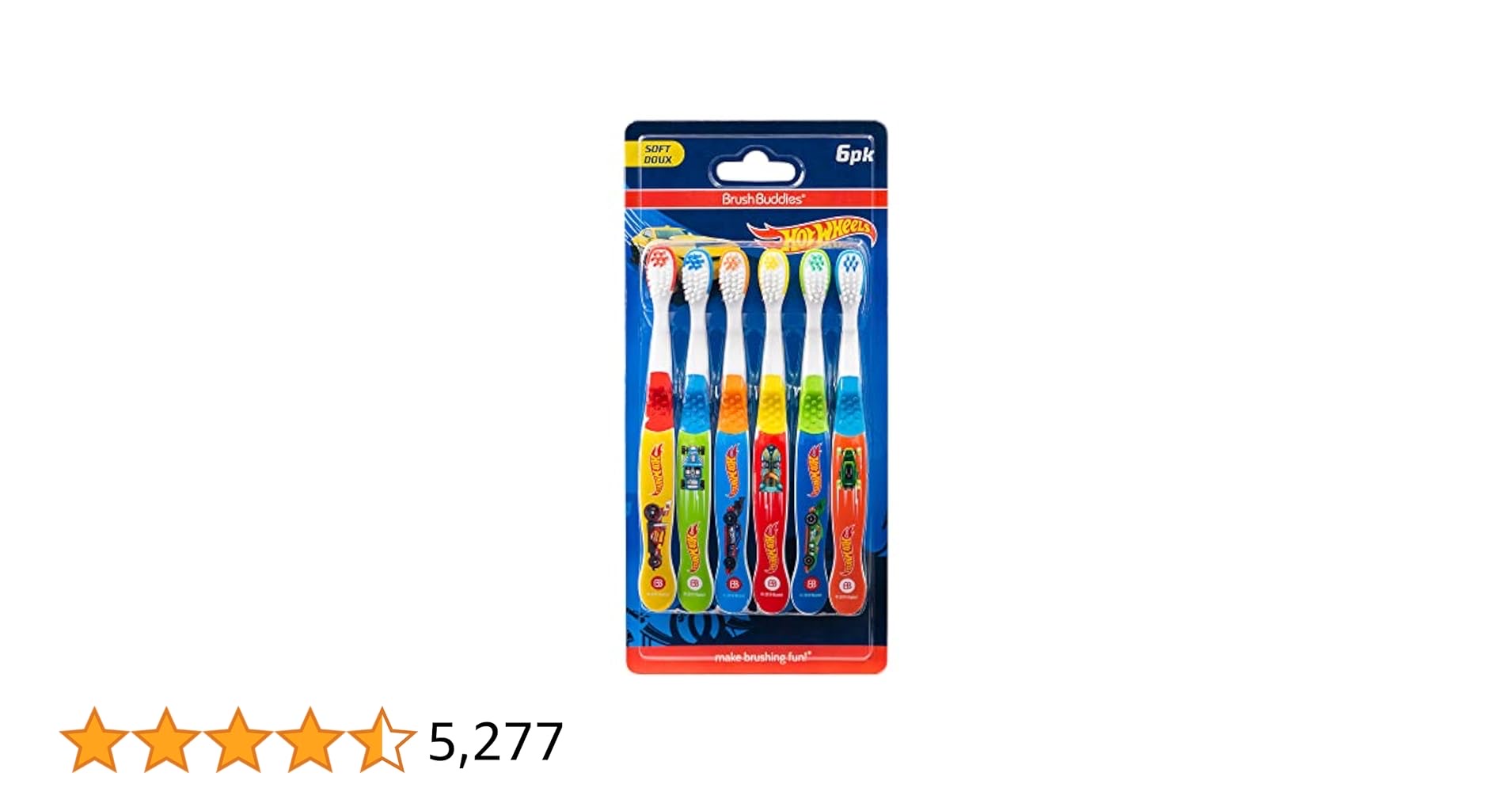 Brush Buddies 6-Pack Hot Wheels Toothbrush for Kids, Kids Battery Powered Toothbrushes, Toothbrush Pack, Soft Bristle Toothbrushes for Kids, Toddler Toothbrush Ages 2-4, Multicolor