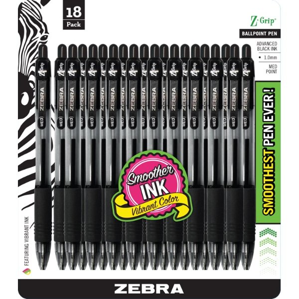 Z-Grip Retractable Ballpoint Pen, 1.0mm, Medium Tip, Black Ink, 18-Count