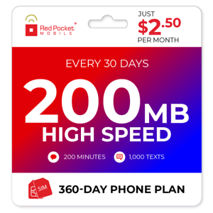1-Yr Red Pocket Prepaid Plan: Monthly 200 Talk 1000 Text 200MB