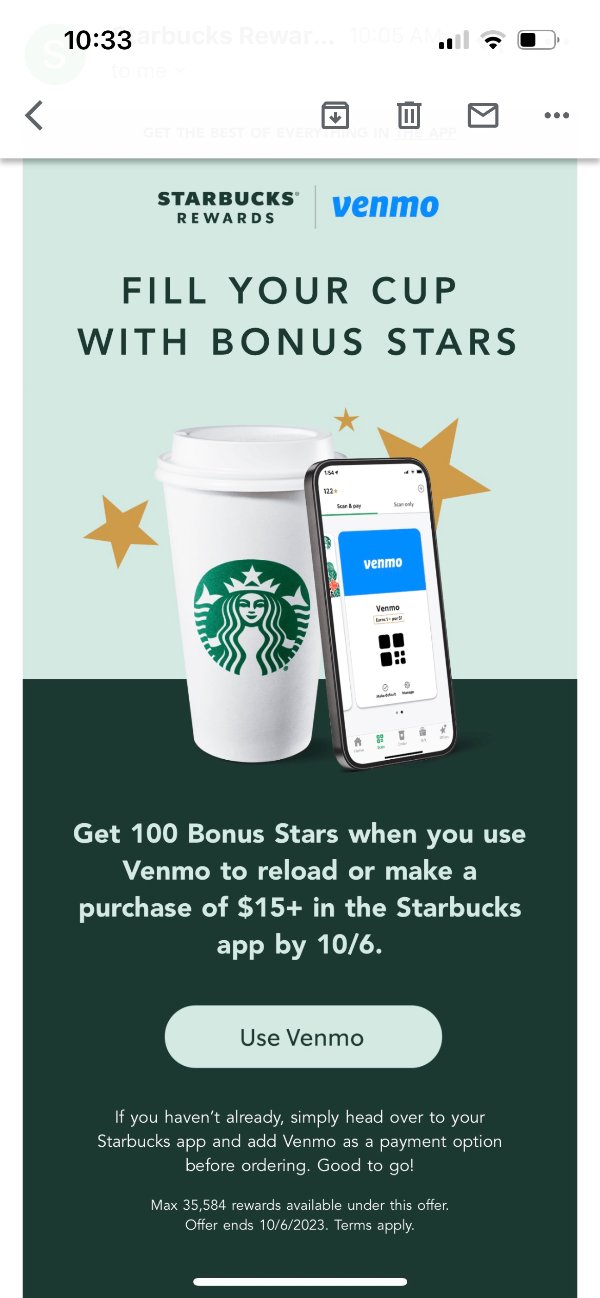 Starbucks Coffee Company限时活动：通过Venmo下单或充值$15以上即送100颗星，活动截止日期10/6