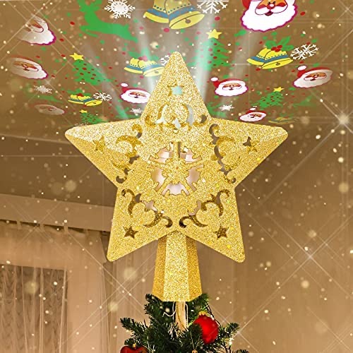 Amazon.com: Christmas Tree Topper - Star Christmas Tree Topper Lighted with 3D Rotating Santa - LED Hollow Glitter Projector - Christmas Tree Topper for Christmas Tree Decorations (Gold)