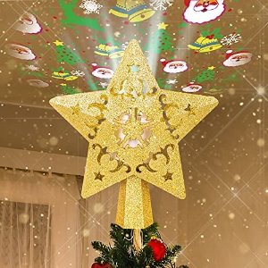 $6.29 Amazon.com: Christmas Tree Topper - Star Christmas Tree Topper Lighted with 3D Rotating Santa - LED Hollow Glitter Projector - Christmas Tree Topper for Christmas Tree Decorations (Gold)