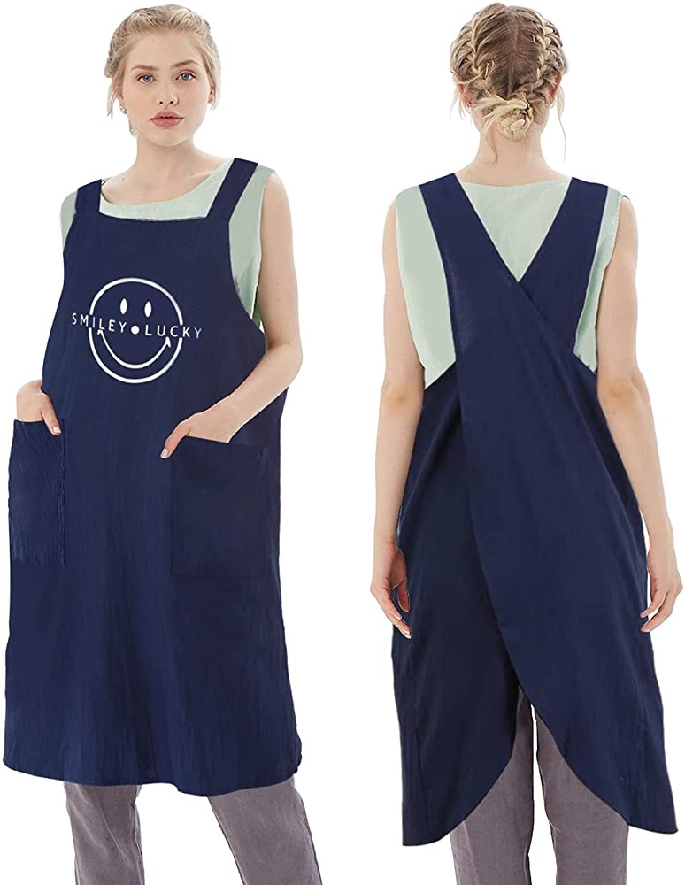亚马逊：女式带口袋围裙，大码烹饪围裙 X 交叉背棉亚麻厨房围裙（XL）