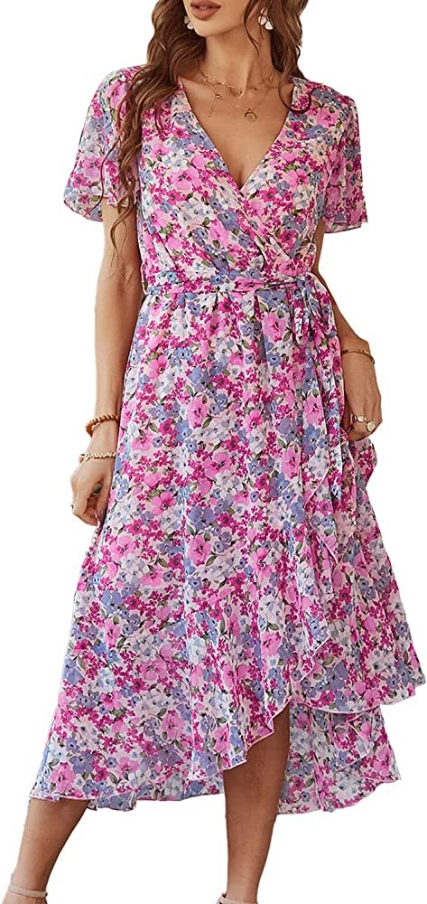 PRETTYGARDEN Women's 2023 Floral Summer Dress Wrap V Neck Short Sleeve Belted Ruffle Hem A-Line Bohemian Maxi Dresses (Pink Floral,Large) at Amazon Women’s Clothing store