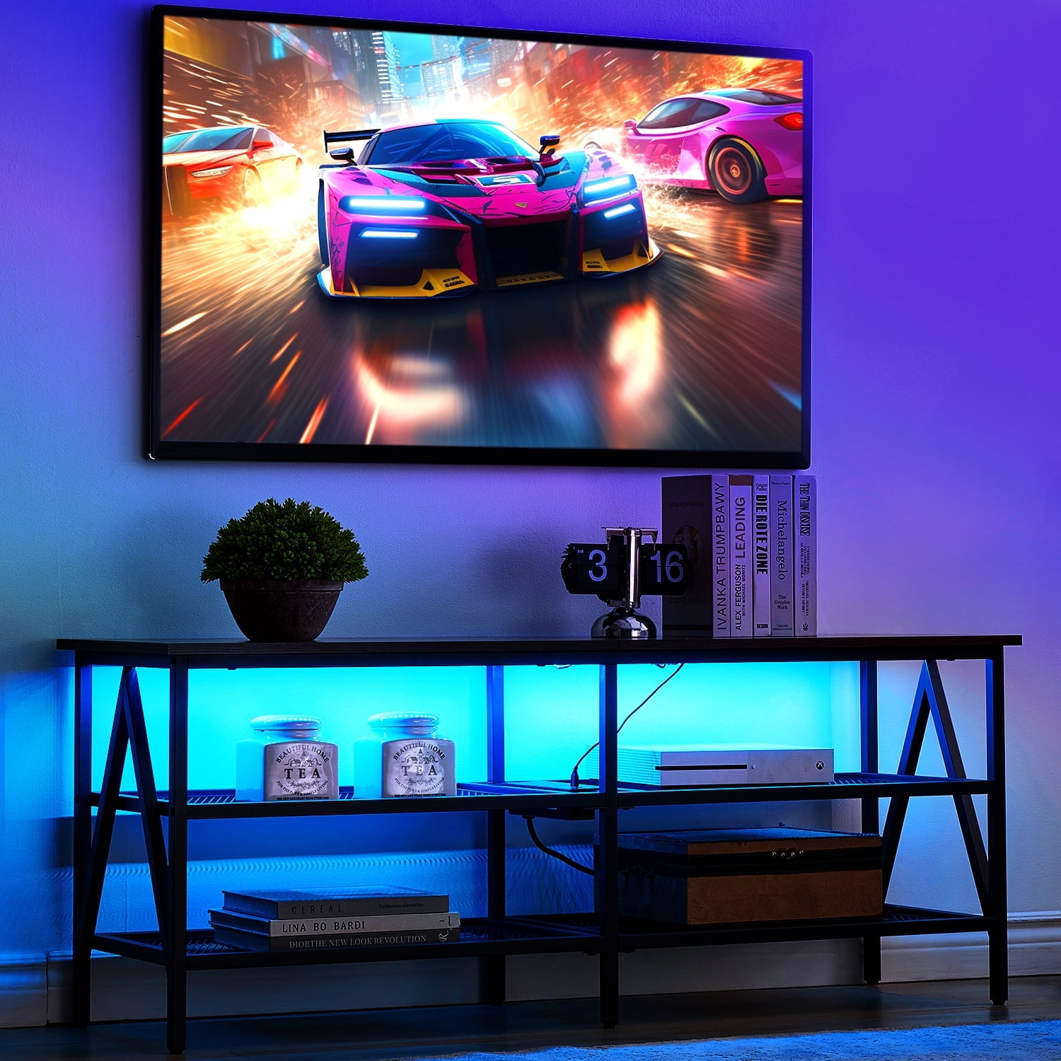Behost 55 英寸电视柜，适用于 65 英寸电视，客厅电视柜带 20 种颜色 LED 灯，黑色