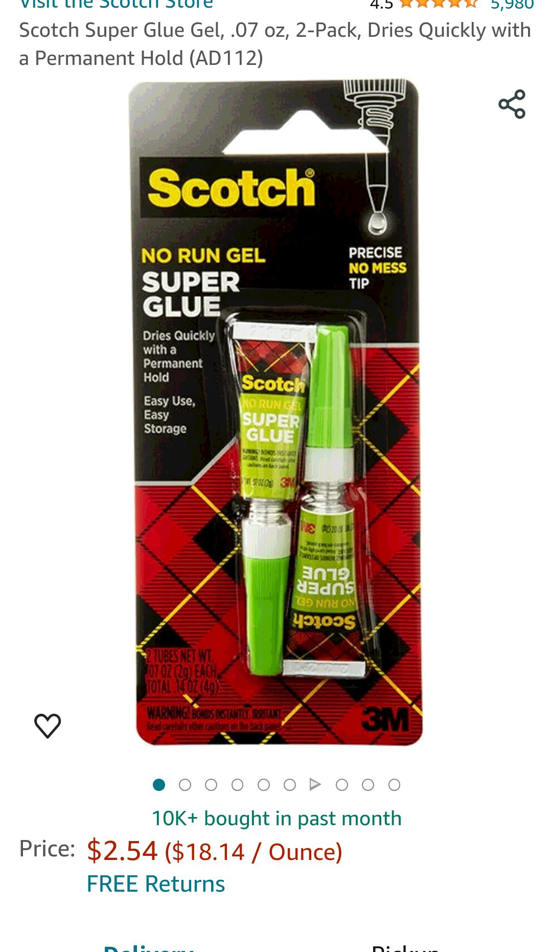Scotch Super Glue Gel, .07 oz, 2-Pack, 强力胶水2支