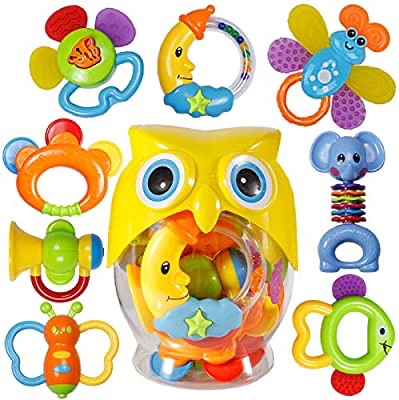 Amazon.com : Baby Rattle Sets Teether Rattles Toys, 8pcs Babies Grab Shaker and Spin Rattle Toy Early Educational Toys with Owl Bottle Gifts Set for 3, 6, 9, 12 Month Newborn 婴儿玩具