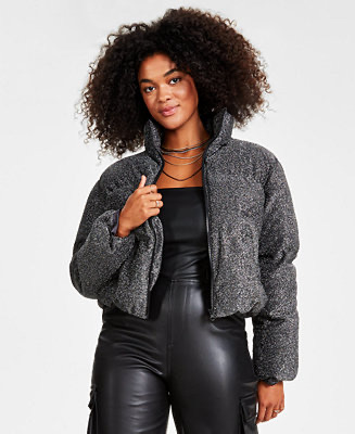 Bar III Women's Sparkle Cropped Puffer Jacket, Created for Macy's - Macy's