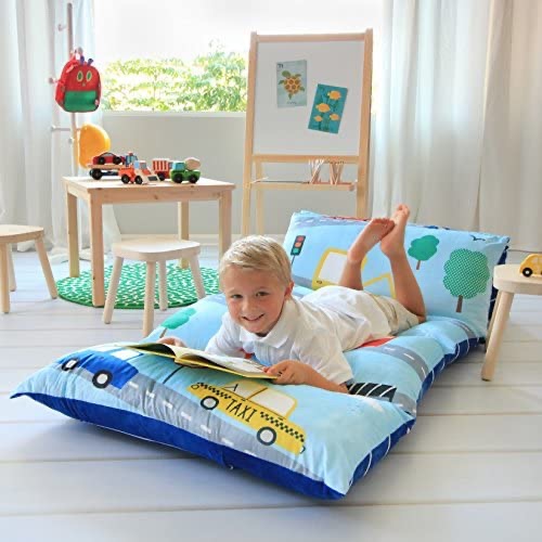 可爱儿童枕头地毯限时促销Butterfly Craze Pillow Bed Floor Lounger Cover - Perfect for Pillow Recliners & Kid Beds for Reading Playing Games or at a Sleepover or Slumber Party - Transportation, Queen