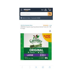 $22.79 Amazon.com : GREENIES Original Large Natural Dental为 Care Dog Treats, 54 oz. Pack (34 Treats) : Pet Supplies