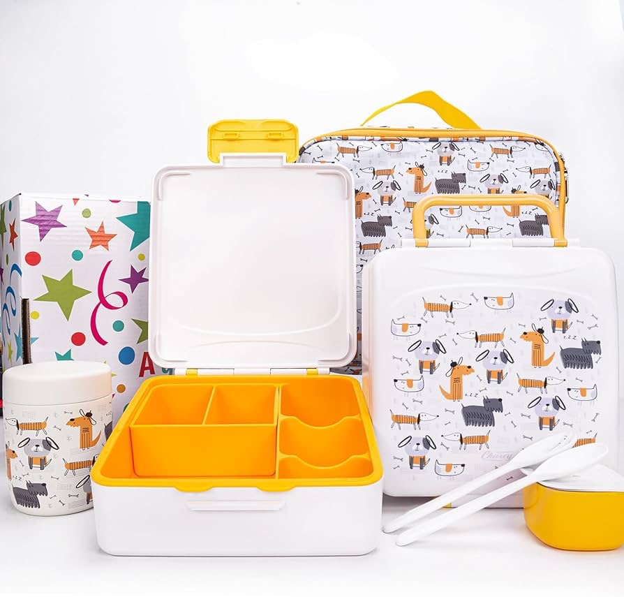 Amazon.com: Charcy Bento Lunch Box for Kids With 8oz Soup Thermo,Leak-proof Lunch Containers with 4 Compartment, Thermo Food Jar and Lunch Bag, Food Containers - White Gog: Home & Kitchen