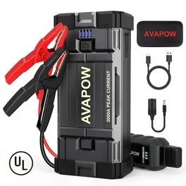 AVAPOW 6000A 汽车电池应急启动器（适用于所有汽油或最多 12L 柴油）强大的汽车应急启动器，带双 USB 快速充电和直流输出，12V 应急电源包带内置 LED 强光