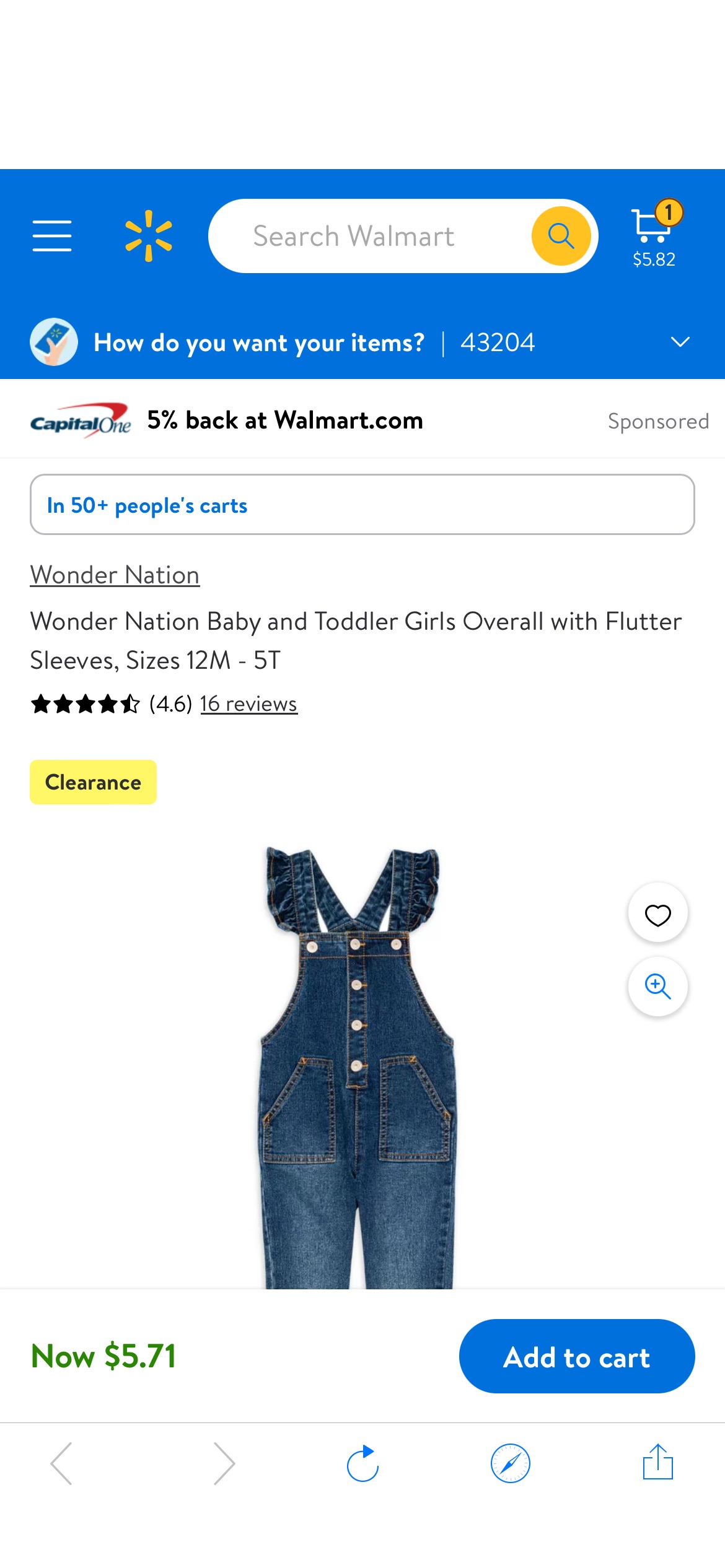 Wonder Nation Baby and Toddler Girls Overall with Flutter Sleeves, Sizes 12M - 5T - Walmart.com 女童连体牛仔裤