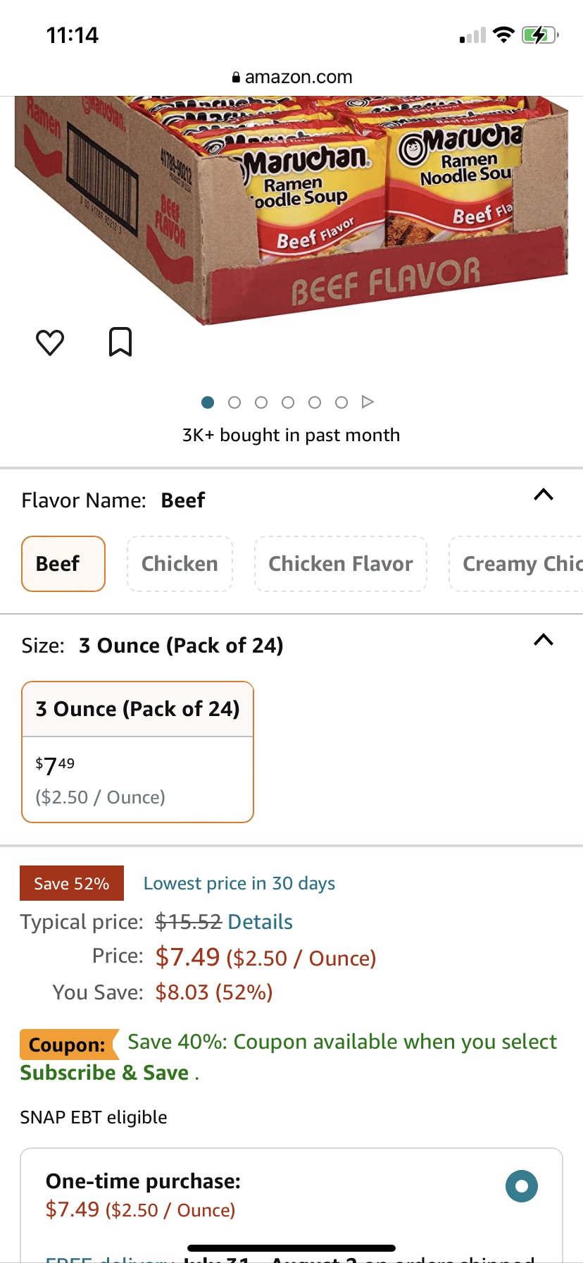 Amazon.com : Maruchan Ramen Beef, 3 Ounce, Pack of 24 : Grocery & Gourmet Food牛肉泡面 续订