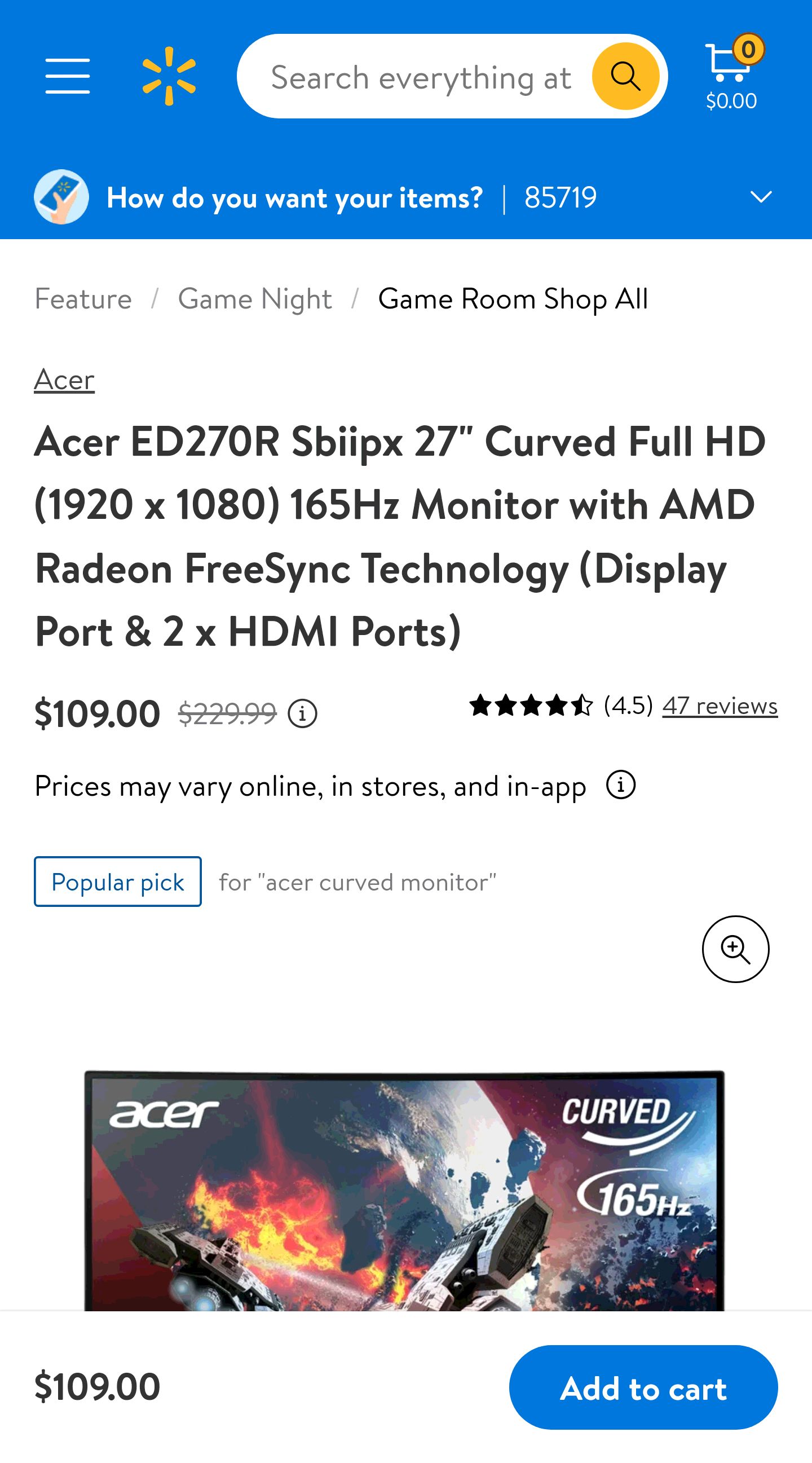 Acer ED270R Sbiipx 27" Curved Full HD (1920 x 1080) 165Hz Monitor with AMD Radeon FreeSync Technology (Display Port & 2 x HDMI Ports) - Walmart.com