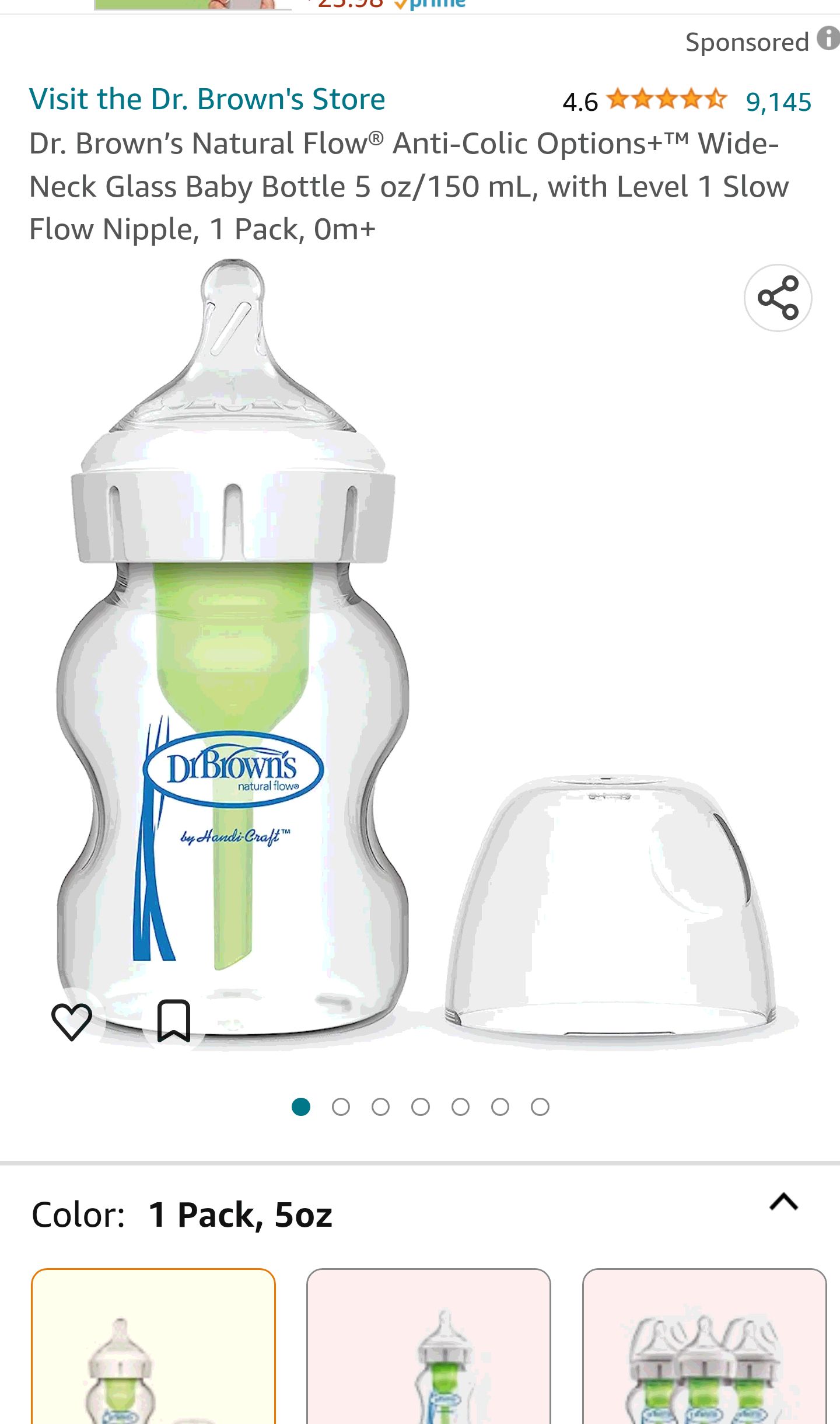 Amazon.com : Dr. Brown’s Natural Flow® Anti-Colic Options+™ Wide-Neck Glass Baby Bottle 5 oz/150 mL, with Level 1 Slow Flow Nipple, 1 Pack, 0m+ : Baby