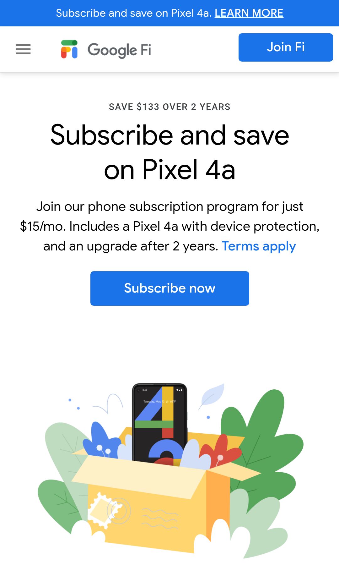 Google Fi 用户：Pixel 4a 每月 $9，两年后可保机换代