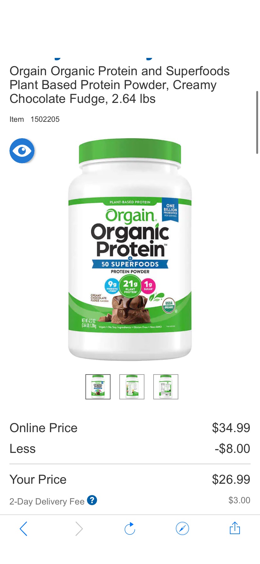 Orgain Organic Protein and Superfoods Plant Based Protein Powder, Creamy Chocolate Fudge, 2.64 lbs  | Costco