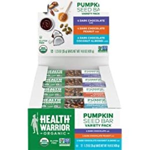 Health Warrior Organic Pumpkin Seed Protein Bars, Variety Pack, 7+g Plant Protein, Gluten Free, Certified Organic (12 Pack)