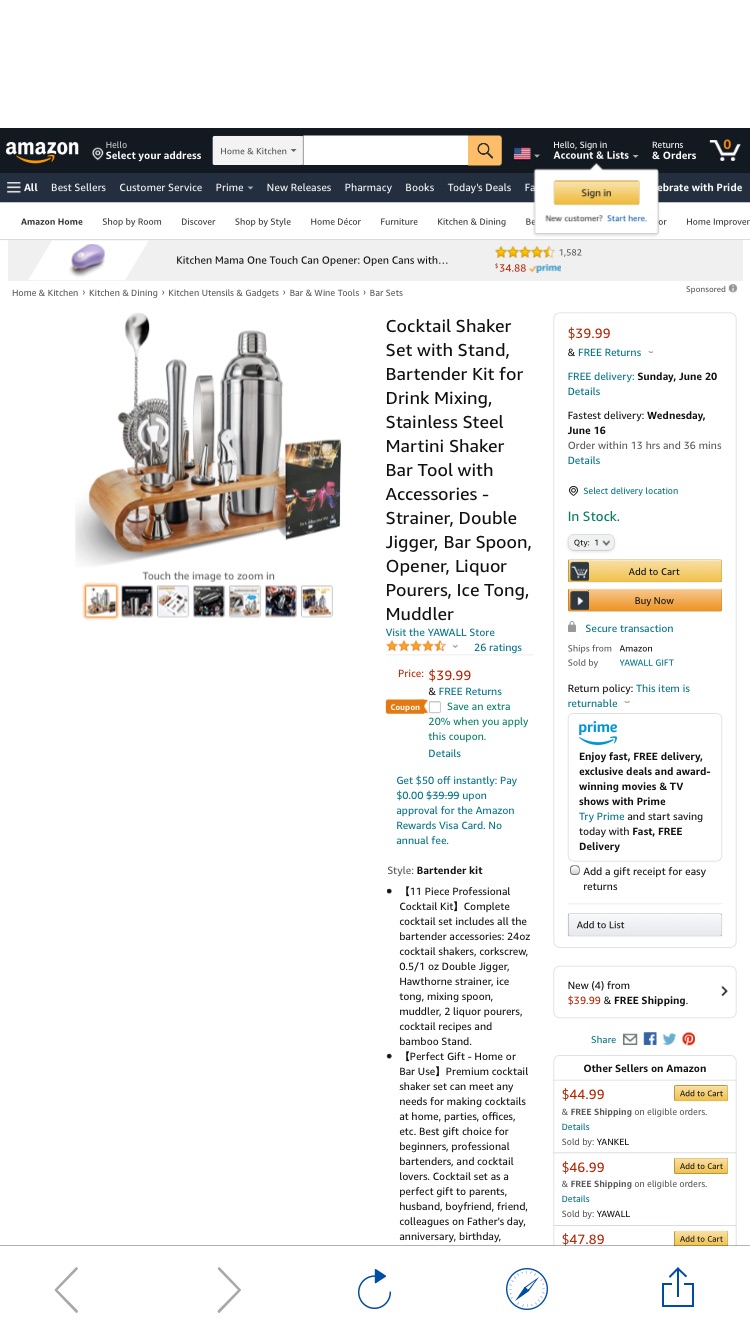 Amazon.com: Cocktail Shaker Set with Stand, Bartender Kit for Drink Mixing, Stainless Steel Martini Shaker Bar Tool with Accessories - Strainer, Double Jigger, Bar Spoon, Opener 调酒工具