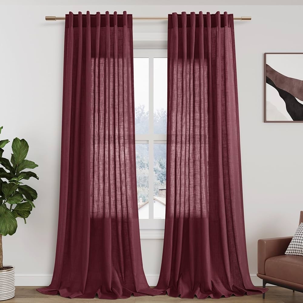 Amazon.com: Burgundy Linen Curtains 102 inches Long for Bedroom Back Tab Light Filtering Privacy Sheer Burgundy Curtains Modern Farmhouse Decor Red Cotton Textured Gauze Curtain 2 Panel Set 52x102 : H