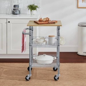 StyleWell Gatefield Small Chrome with Natural Wood Top Metal Rolling Microwave Kitchen Cart with Tiered Shelves