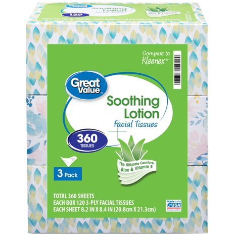 Lotion Soothing Facial Tissues, 3 Flat Boxes