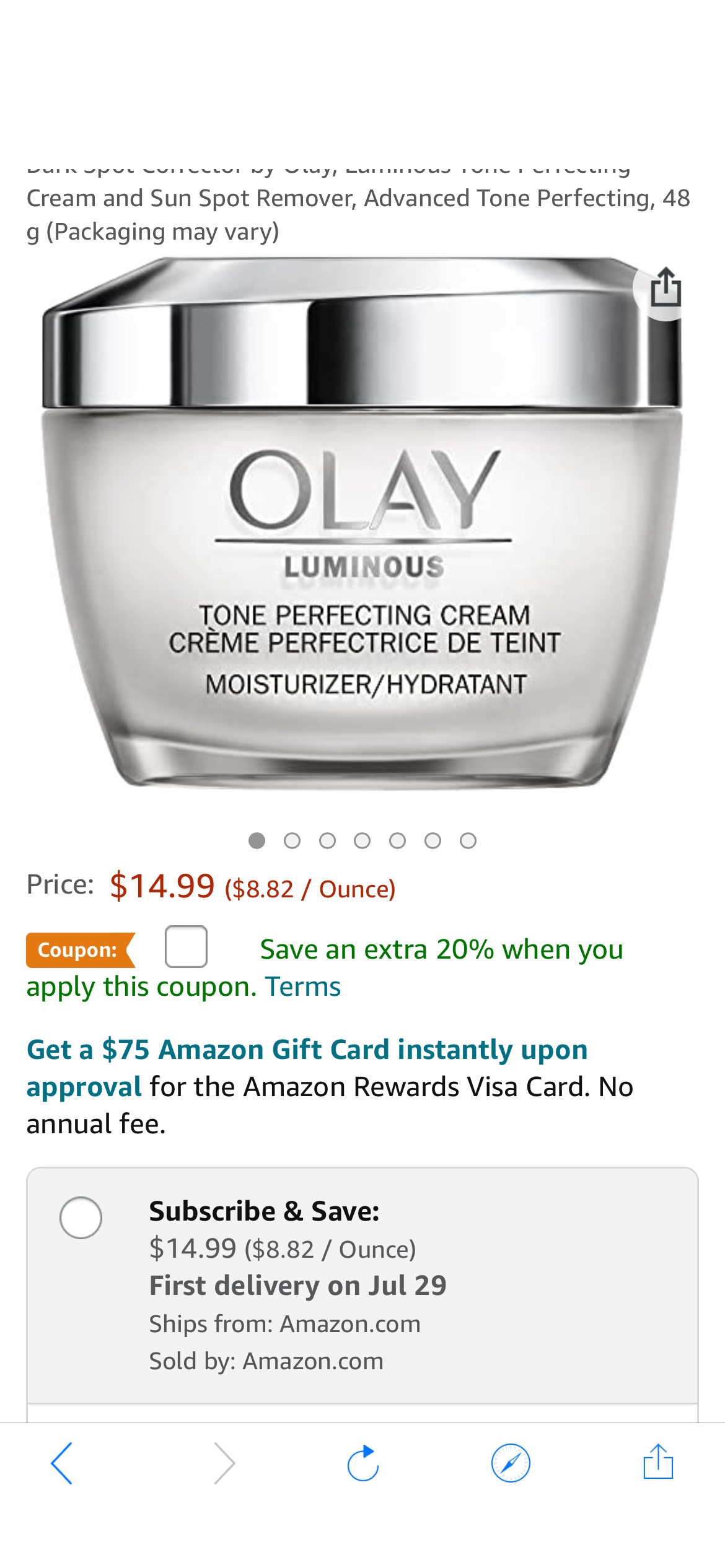 Amazon.com: Dark Spot Corrector by Olay, Luminous Tone Perfecting Cream and Sun Spot Remover, Advanced Tone Perfecting, 48 g (Packaging may vary) : Beauty & Personal Care 玉兰油20%off