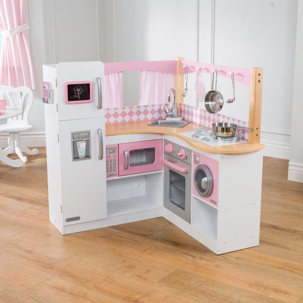 KidKraft Wooden Grand Gourmet Corner Play Kitchen with 4 Piece Accessory Play Set