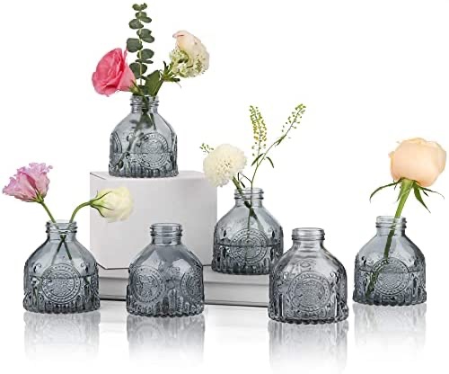 ComSaf 玻璃花瓶 6 件套，小型复古花瓶，用于插花的小巧玻璃花瓶，家庭婚礼派对活动办公室的装饰中心装饰品，现代装饰，灰色