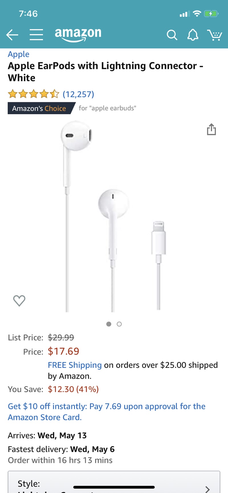 Amazon.com: Apple EarPods with Lightning Connector - White苹果耳机