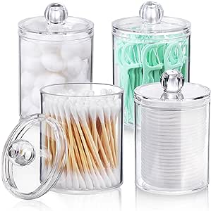 Amazon.com: 4 PACK Qtip Holder Dispenser for Cotton Ball, Cotton Swab, Cotton Round Pads, Floss Picks - Small Clear Plastic Apothecary Jar Set  