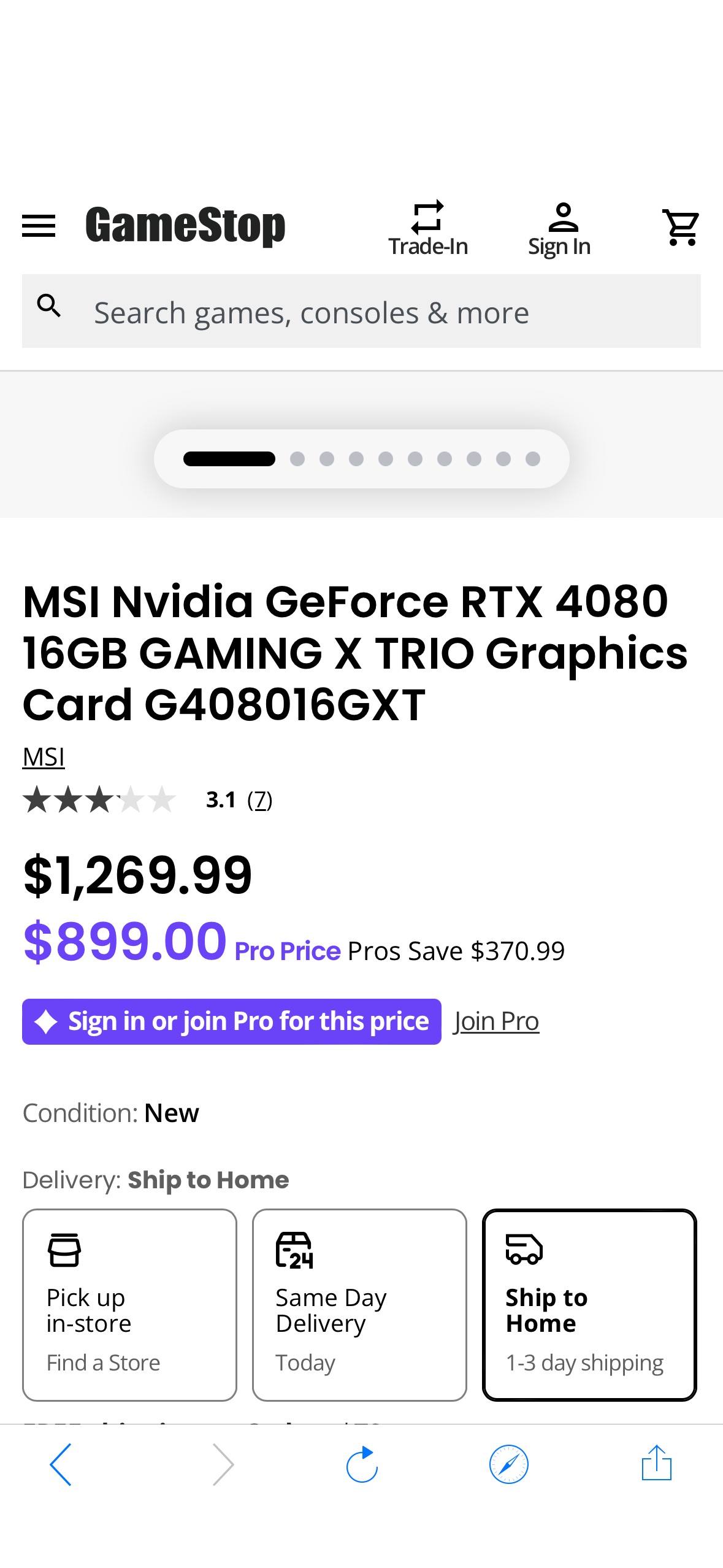 MSI Nvidia GeForce RTX 4080 16GB GAMING X TRIO Graphics Card G408016GXT | GameStop会员价
