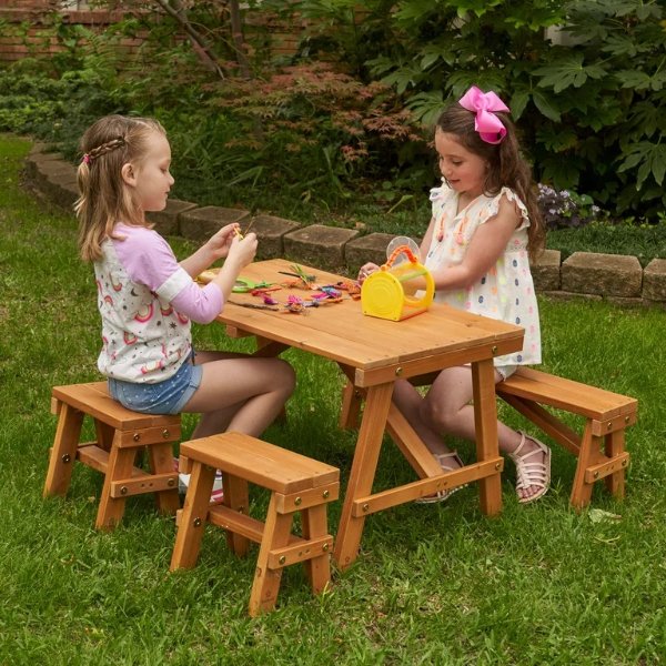 儿童木制户外野餐桌，带2张短凳和1张长凳