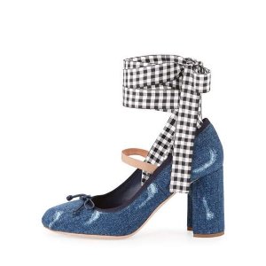 $207 Miu Miu Denim 女士系带高跟凉鞋