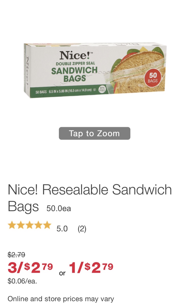 nice | Walgreens Nice 三明治zipbag，买一送二，其他各种尺寸都有。