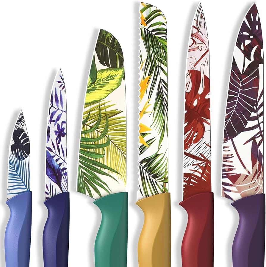 Amazon.com: Astercook Knife Set, 12Pcs Colorful Tropical Designs Kitchen Knife Set, Palm Leaf Color-Coded Coated Stainless Steel Kitchen Knives with 6 Blade Guards, Dishwasher Safe: Home & Kitchen